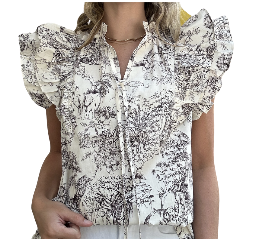 Mocha Toile Flutter Sleeve Blouse