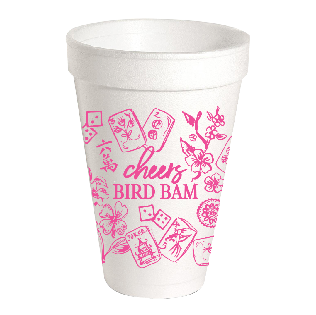 Mahjong Toile Cheers Bird Bam - Pink Styrofoam Cup