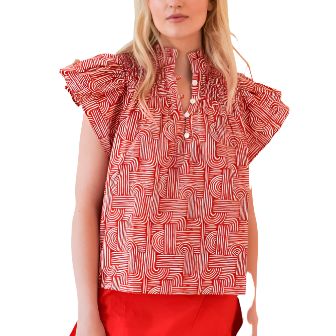 Never A Wallflower Smocked Red Swirl Top