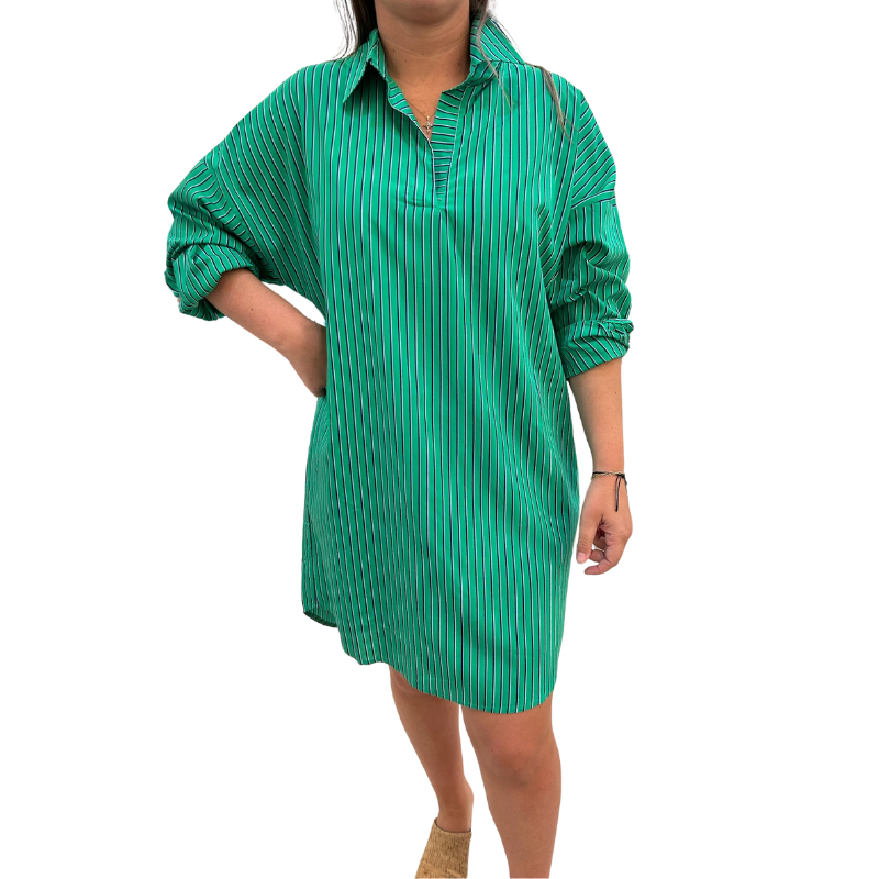 Caryn Lawn Preppy Fall Stripe Dress - Green or Navy