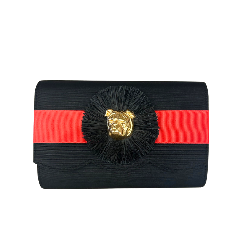 Black Scallop Ruby Clutch with Red Band - Black Raffia with Bulldog Face