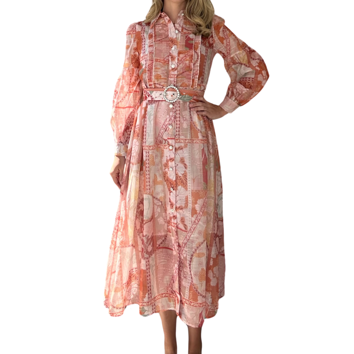 Belted Long Sleeve Dress in Coral Print