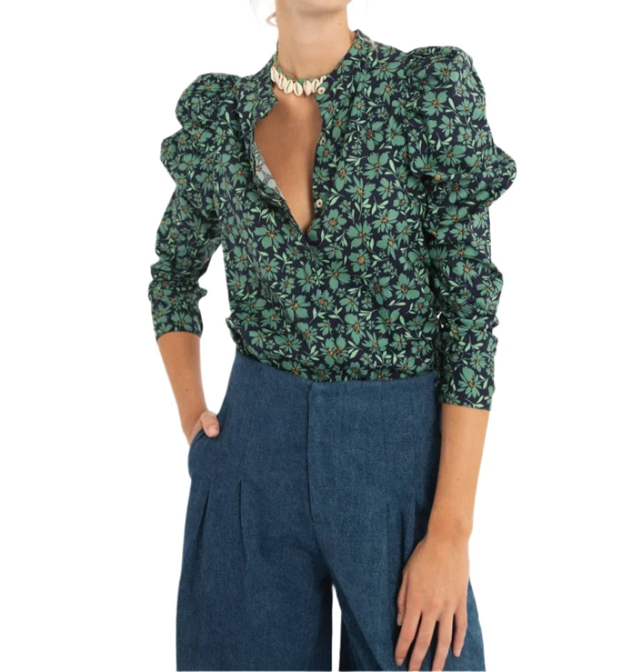 Lanhtropy Lilium Poplin Shirt - Green and Blue Ditsy Floral