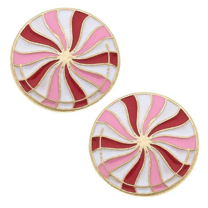 Peppermint Candy Enamel Stud Earrings in Pink & Red Stripes