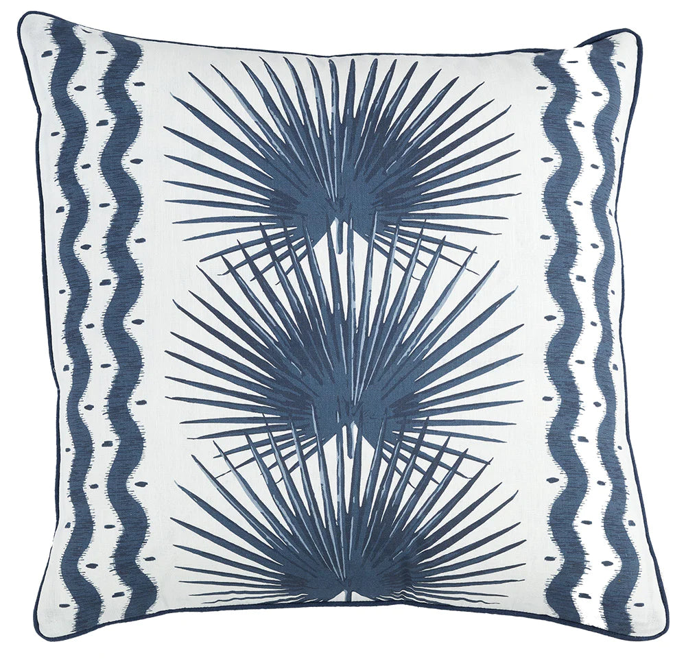 Palmette Navy Linen Pillow with Linen Navy Pipe and Back