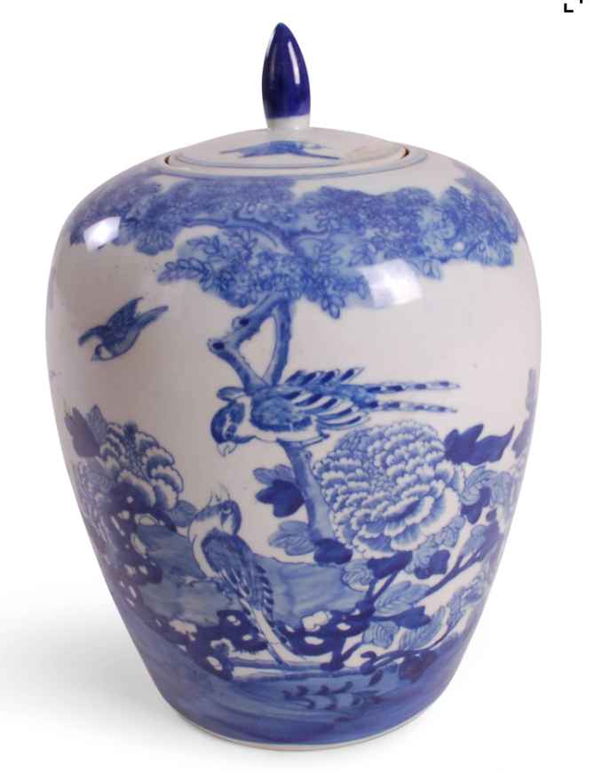 Blue and White Reproduction Jar with Bird and Flower