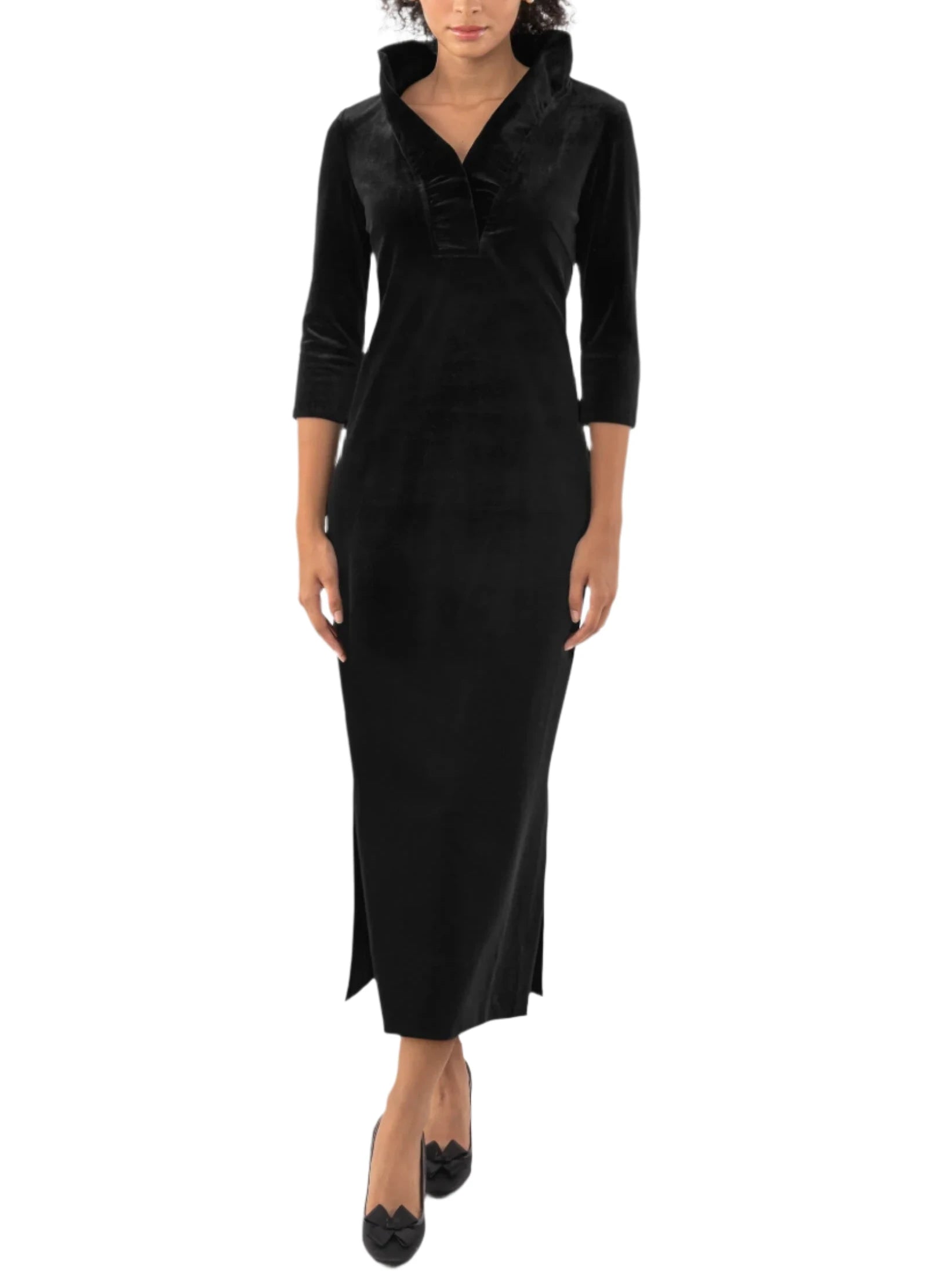 Gretchen Scott Black Velvet Ruffle Midi Dress