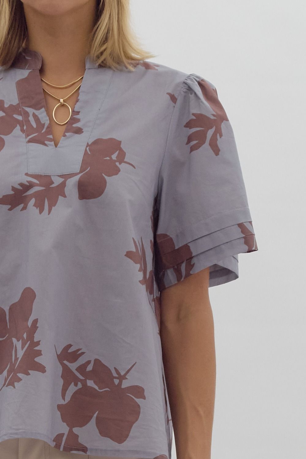 Floral Print V-Neck Top - Slate Blue