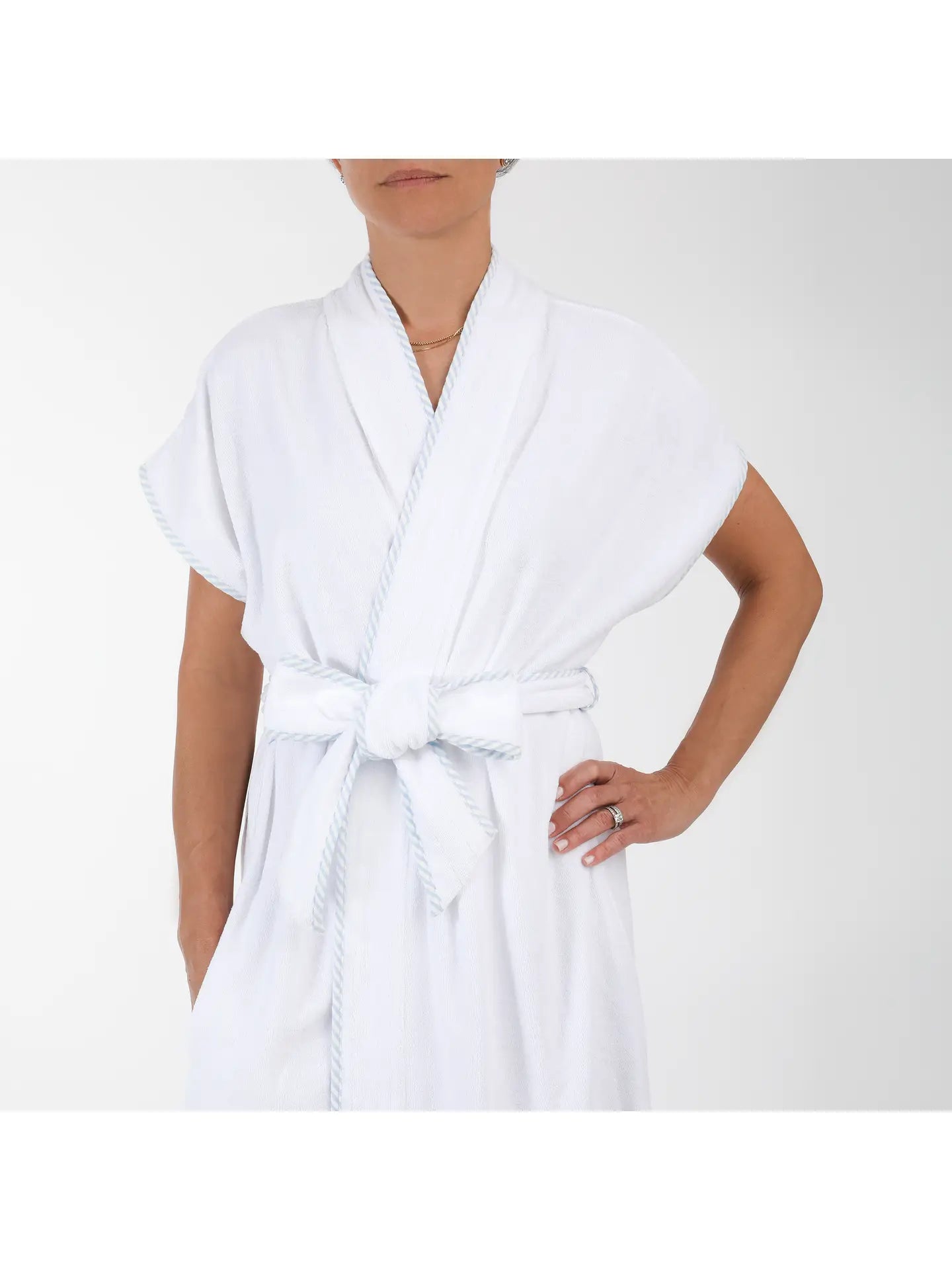 Lenora Terry Robe - White with Blue Trim