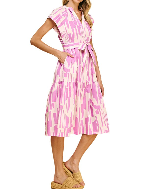 Printed Tiered Midi Dress - Pink/Ivory