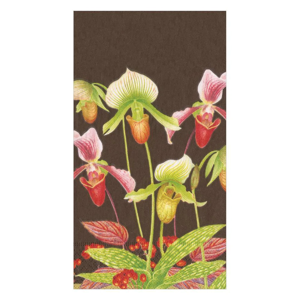 Caspari Slipper Orchid Paper Guest Towel Napkins in Chestnut - 15 Per Package