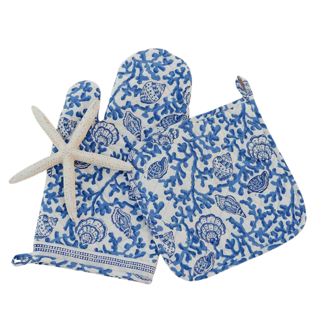 Pomegranate Oven Mitt Set -Coral & Shell Blue